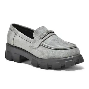 Women Chunky Suede Rhinestone Grey Fashion Loafers (3.5)