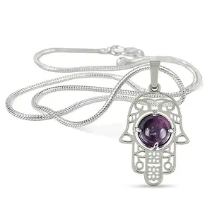 Reiki Crystal Products Amethyst Pendant, Natural Crystal Stone Hamsa Charm Pendant - Locket with Metal Chain Pendant Size 40 mm (Color : Purple)