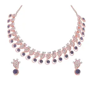 Rose Gold Polished American Diamond Studded Necklace with 1 Pair of earring Choker Jewelry set for women and Girls(AB_Mango-RG-Purple)