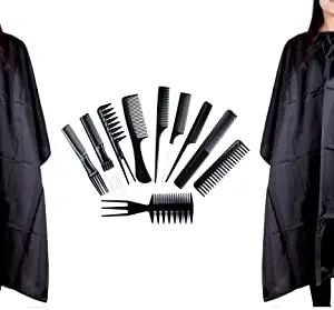 Uniqon Combo Of Professional Hair Styling Combs Set With Black Unisex Nylon 2 pcs Hair Cutting Sheet Hairdressing Gown Cape Barber Cloth Makeup Apron