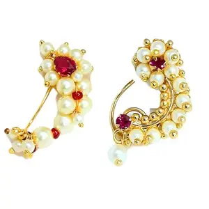 AMULIA JEWELS Traditional Maharashtrian Nath with Pearls, Gold Plated,Medium Size Without piercing Nose Ring for Girls and Womens (Pack of 2)