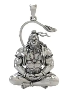 Exotic India 925 Sterling Silver Meditating Lord Hanuman Pendant Bajrangbali Powerful Vedic Jewelry for Faith & Inner Peace