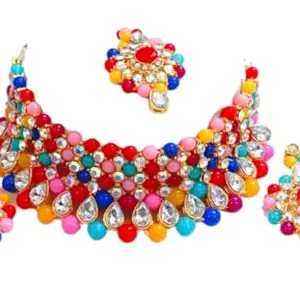 Multicoloured Kundan Necklace Set with Beads and Rhinestones