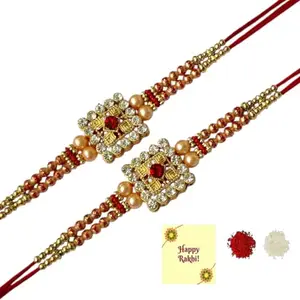 DMS RETAIL Unisex Adult Multicolor Set Of 2 Floral Designer Kundan Rakhi With Roli Chawal Pack - Rakhi For Brother, Bhaiya, Bhai