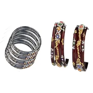 Somil Modern And Colorful Glass Bangle/Kada- Perfect For Wedding, Party, Celebrations And Functions, Combo Of 2 Set, Pack Of 10, Grey, Maroon -W155