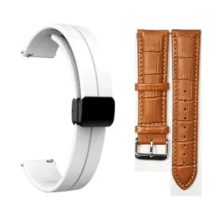 22mm Silicone Band & 22 mm Brown Leather Compatible With Quick Release Straps White magnet & brown leather
