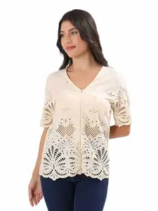 Schifley Women's Ivory Embroidered Cotton Short Sleeve V-Neck Top