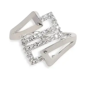 ACCESSHER Silver Plated Contemporary Style Inspired American Diamond Studded Geometric Shape Design Adjustable Statement Finger Ring for Women and Girls