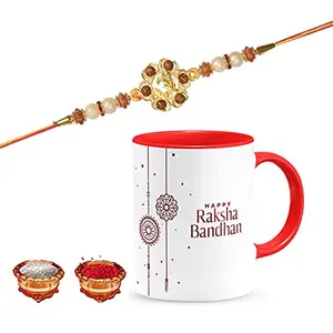 Manonita Rakhi Gift for Brother, bhaiya bhabhi, Gift Set (Rakshabandhan Mug, Roli,Chawal) REDMUG-17-BJ
