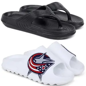 Pampy Angel Combo Pack of 2 Slipper/Flip Flops/Slides/Clogs/Sandals with Adjustable Back Strap for Men,(V-Evafeet-Black,Y-To-Star-White),9 (UK/India)