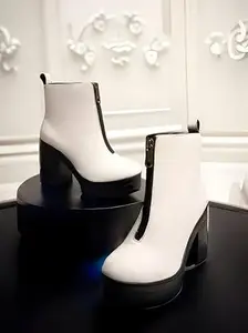 STRASSE PARIS Amazing Design Womens White Solid Zipper Block Heeled Boots