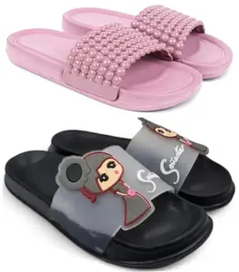Pampy Angel Combo Pack of 2 Slipper/Flip Flops/Slides/Clogs/Sandals with Adjustable Back Strap for Women,(Moti-Pink,Senorita-Black),38 (Euro)