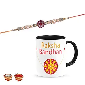 Manonita Rakhi Gift for Brother, bhaiya bhabhi, Gift Set (Rakshabandhan Mug, Roli,Chawal) BLACKMUG-8-BB
