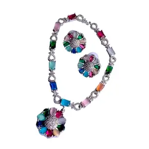Multicoloured Gemstone Necklace Set with Floral Pendants, Rhodium Plated Multicoloured Gemstone and Rhinestone Necklace Set
