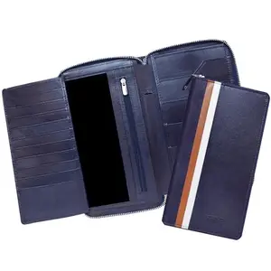 ABYS Genuine Leather RFID Protected Unisex Passport Wallet||Passport Holder||Mobile Cover||Card Stock with Metallic Zip Closure (Navy-Tan)