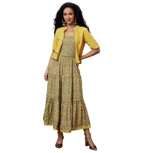 Globus Women Green Floral Print Tiered A-Line Midi Dress with Schiffli Shrug-3640274004