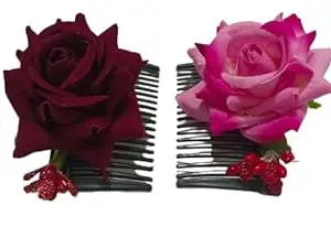 Rose Hair Clips with Berries, 2-Pack Floral Hair Combs, Burgundy and Pink juda pin for girls and women