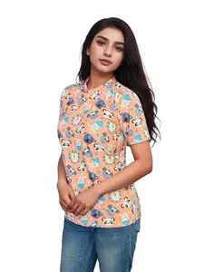 Classy Hangers Women's Cartoon Animal Print T-Shirt, Short Sleeve, Peach (in, Alpha, 2XL, Regular, Peach)