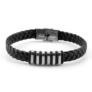 Fashion Frill Leather Bracelet For Men Stainless Steel Stylish Silver Bracelet For Men Boys Mens Jewellery