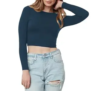 Women's Cotton Boat Neck Full Sleeve Solid Casual Wear Crop Top for Women L355