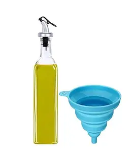 KREZON 500ml Oil Dispenser for Kitchen - 500 ml Glass Oil Bottle-1,Crystal Clear, with 1 Silicone Rubber Funnel (1) Vinegar Dispenser, BPA Free, Salad Dressing Cruet Glass