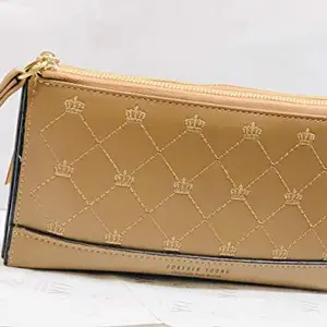 Women's Leather Two Zipper Wallet (Beige)