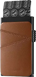 VOGARD Unisex Pop up Wallet Credit Card Holder with Extra Leather Slots RFID Blocking Slim Metal Card Case | 9 Card Slots (Tan)