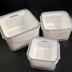 HERBAY Refrigerator Storage Box | Vegetable Fruit Boxes | Fridge Fresh Kitchen Organizer | Drain Basket Kitchen Storage Containers With Lid Polypropylene & Silicone | Pack Of 3, White, 23 x 23 x 14 Cm