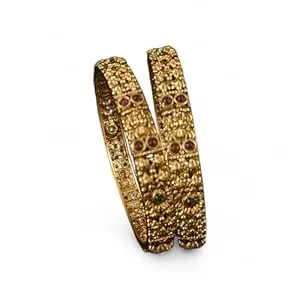 Antique Gold Plated Heavy Temple Bangles Set for Women | Traditional South Indian Kada with Red & Green Stones | Bridal & Wedding Jewellery