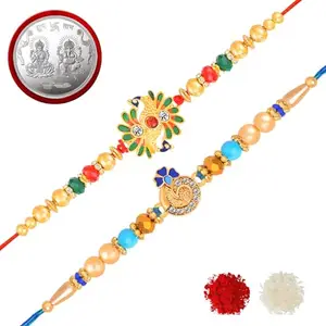 De Marquis Religious Pearl Kundan Rakhi Set, Chawal Roli Pack, Greeting Card Set (2 Rakhi Set + 1 Coin)