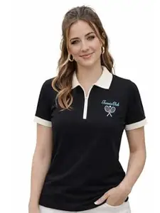 JUNEBERRY® Women’s Regular Fit Lycra Polo T-Shirt V- Neck with Zipper Collar Design, Lycra Fabric for All-Day Comfort and Easy Everyday Styling (Sizes S to 2XL)