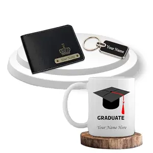 SAVRI Personalized Graduation Combo for Men - Men's Wallet, Key-Chain with Name Engraved, Coffee Mug with Name & Graduation Cap Printed - Best Personalized Gifts for Graduation and Special Occasions