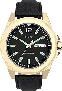 TIMEX Men Leather 3 Hands Analog Black Dial Coloured Quartz Watch, Octogonal Dial with 44 Mm Case Width - Tw2U82100Uj, Band Color-Black