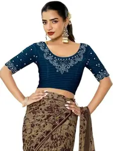 MRSWEARS Women's Regular Fit Readymade Stretchy Elbow Length Embroidered Saree Blouse