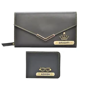 Vorak Ahimsa Ahimsa Leather Personalized Faux Leather Man & Women Stylish Wallet |Customized Unisex Couple Gift Combo (Grey)