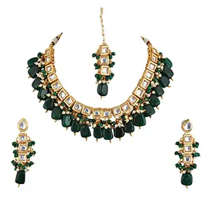 Lucky Jewellery Back Meenakari 18k Gold Plated Green Color Set Uncut Big Faux Kundan Choker Necklace Set For Girl's & Women
