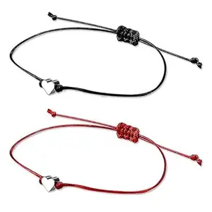 De-Autocare Adjustable Black & Red 2 Pcs Valentines Day Special Love Couples Matching Heart Design Handmade Friendship Pinky Promise 2 In 1 Duo Wrist Band Cuff Dori Rope Bracelet