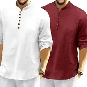 FINIVO FASHION Combo of Men’s Casual Full Sleeve Kurta Style Shirt with Button Placket, Lightweight Breathable Fabric, Regular Fit Ethnic Fusion Wear for Daily & Festive Use Pack of 2