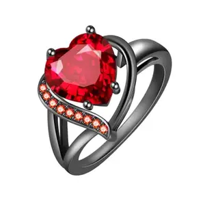 Heart-Shaped Ruby Red Crystal Ring, Black Plated Band, Rhinestone Accents