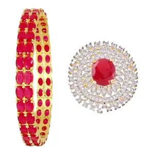 Blulune Women's Designer Brass Fascinating AD Bangle 1 Set Size- 2.8, With Matching Ring Which are Adjustable in Size Jewellery For Girl - Red and White