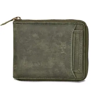 HOSHII Bi-Fold Textured Leather Olive Green Zip Around Wallet with Extra Card Holder| Leather Wallet for Men