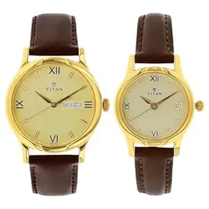 Titan Bandhan Quartz Analog With Day & Date Champagne Dial Brown Leather Strap Couple Watch - NT15802490YL05