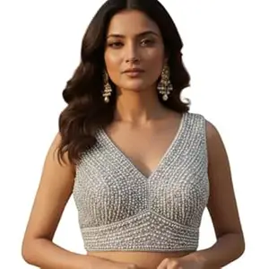 PANDAY CLOTHS Women Pearl Moti Designer Readymade Blouse Pure Silk Handcrafted Sleeveless V Neck Back Hook Open Heavy Handwork Traditional Saree Blouse Bridal Festive (Size Upto 40)(only Blouse)