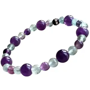 Lady Works Natural Amethyst & Rainbow Fluorite 6-8mm Round Shape Smooth Cut Beads 8 Inch Stretchable Bracelet For Men & Women. Unisex Bracelet For Healing, Meditation, Prosperity & Luck|LW_BRST_00496_8.0