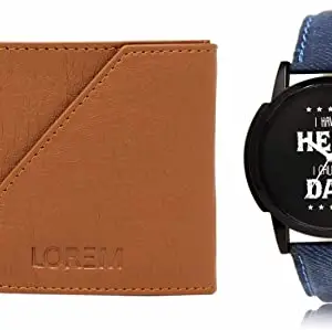 LOREM Tan Color Faux Leather Wallet & Black Analog Watch Combo for Men | WL01-LR07