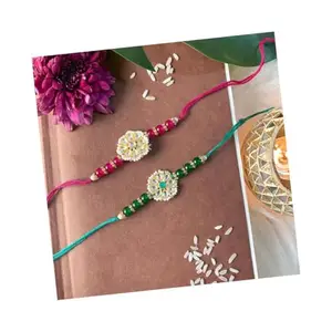 I Jewels Ethnic Pearl Beads Studded Rakhi Bracelet with Roli Chawal & Rakshabandhan Card for Brother/Men(R068G-Q) Pack of 2 Rakhi