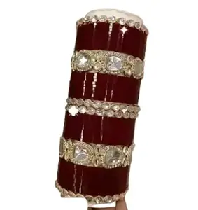 Traditional Bridal Bangles, Maroon with Crystal Stones, Gold-Toned Embellishments (2.6)