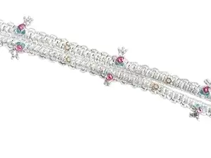 SAINI JEWELLERY Traditional Silver Anklet with Bells and Crystals, Design, Ethnic Indian Payal