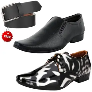 Stylish Formal Shoes/Party Shoes/ 2 Shoes Combo with Free Belt for Men and Boys (BAZAAR7867_VTR01-Blk-Slvr-2003-Blk) Multicolor