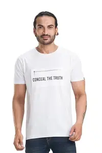 Souped Up Fashion Pure Cotton Printed Crew Neck Half-Sleeves T-Shirt for Men | Comfortable Cotton Printed T-Shirt for Summers | Conceal White, Size - L
